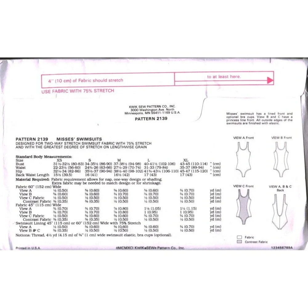 Kwik Sew 2139 Misses Swimsuit Sewing Pattern XS-XL One Piece Princess Line 1991